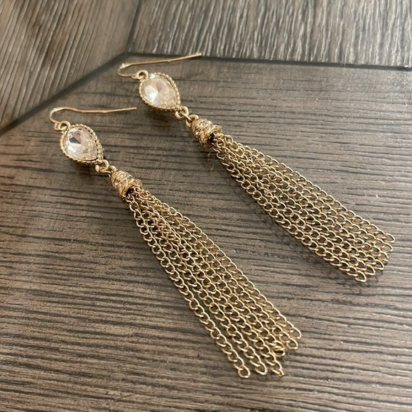 Boutique Style Long Dangle Chain Rhinestone Earrings, Gold-tone - Picture 1 of 15
